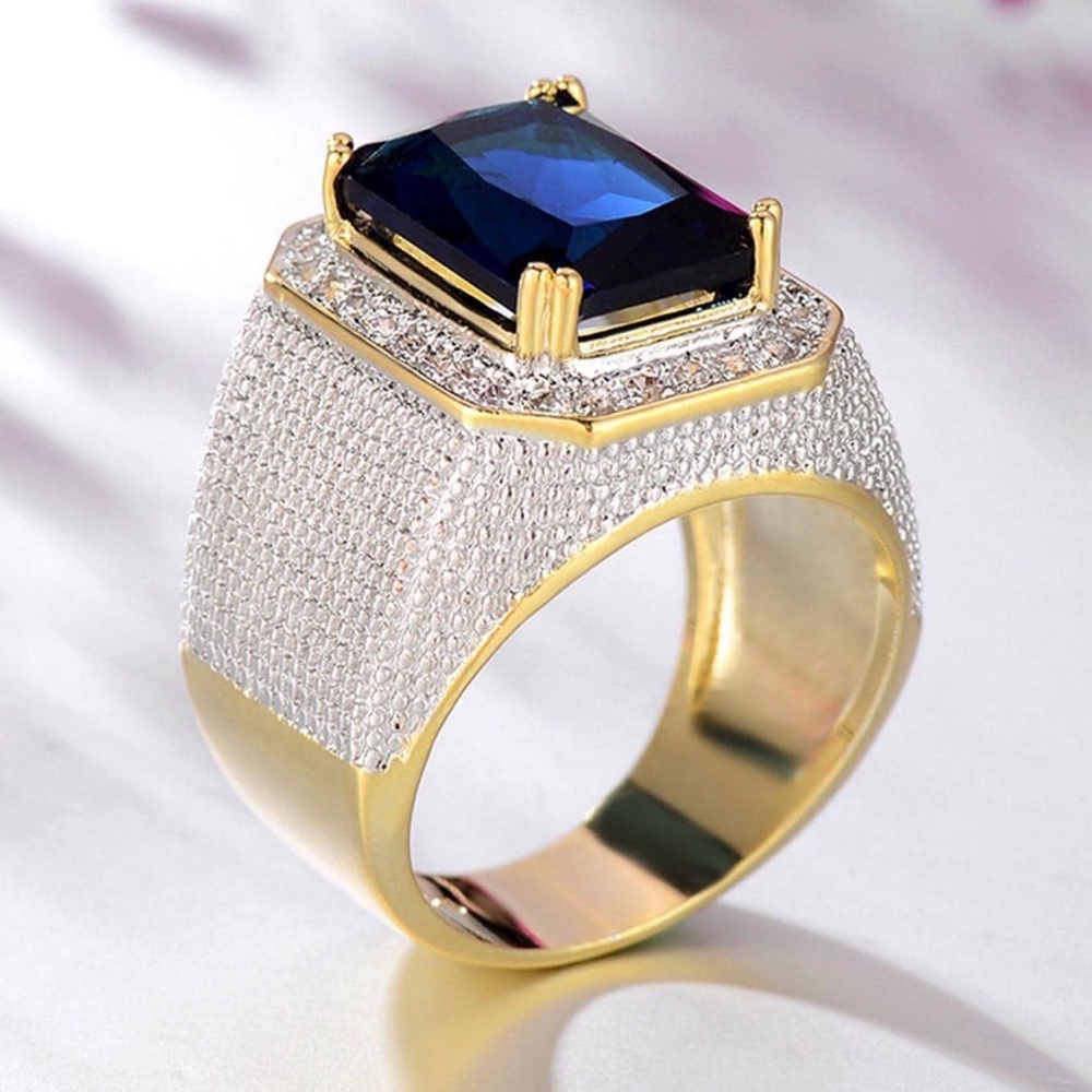 Elegant Gold and Silver Ring with Blue Gemstone, costume jewelry size 6